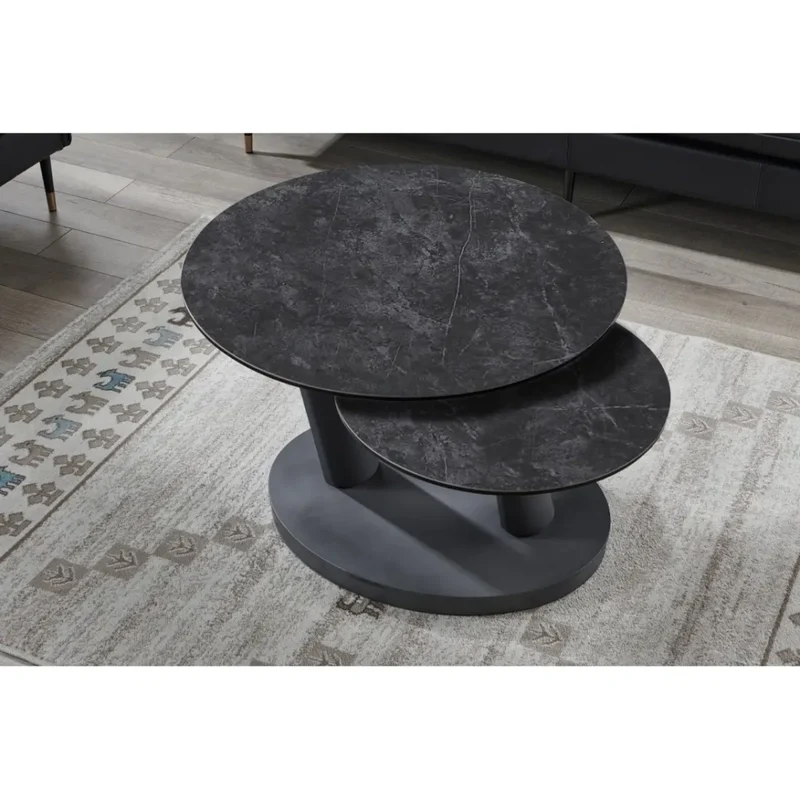 Table bassa VIRELLO – Tavolino rotondo Ø80 cm – Pietra naturale grigio scuro & metallo – Design contemporaneo e robusto