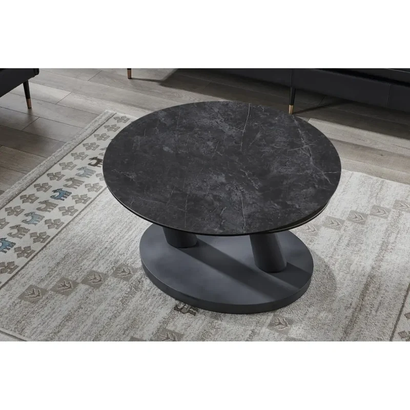 Table bassa VIRELLO – Tavolino rotondo Ø80 cm – Pietra naturale grigio scuro & metallo – Design contemporaneo e robusto