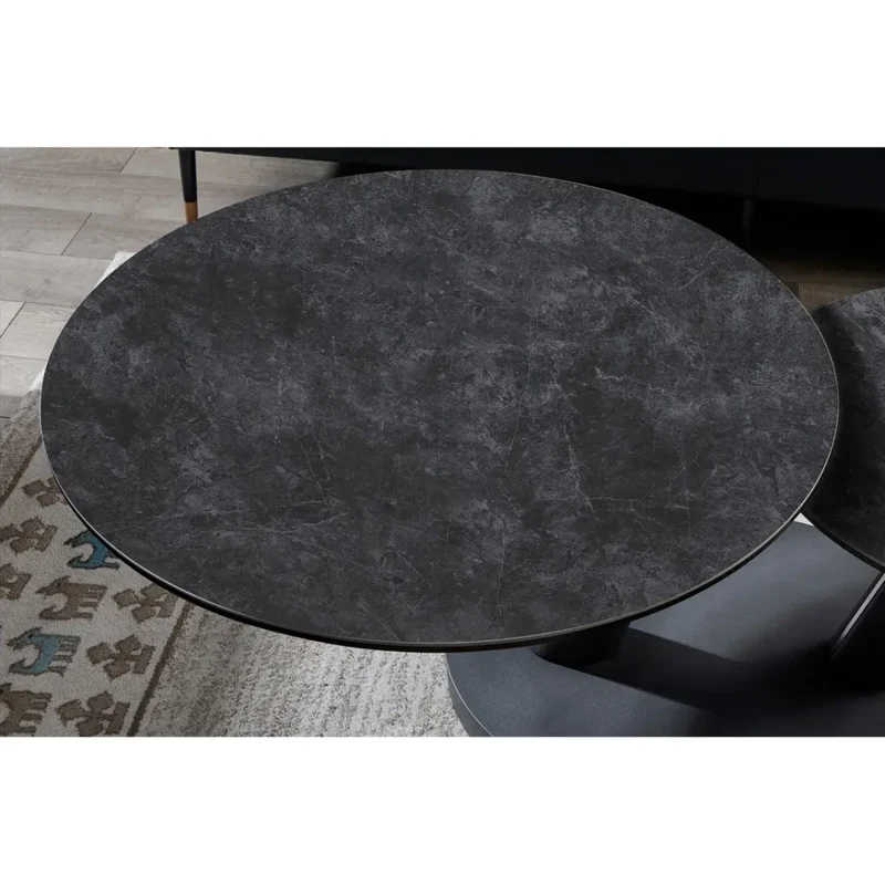 Table bassa VIRELLO – Tavolino rotondo Ø80 cm – Pietra naturale grigio scuro & metallo – Design contemporaneo e robusto