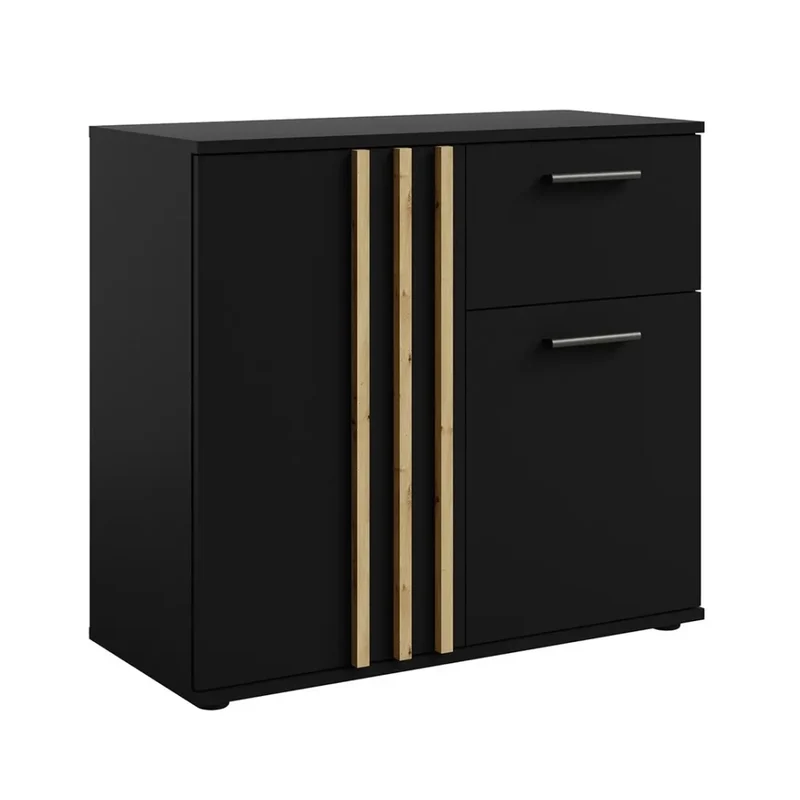 Cassettiera VARIA - 2 ante e 1 cassetto - Design moderno colore nero e rovere artigiano
