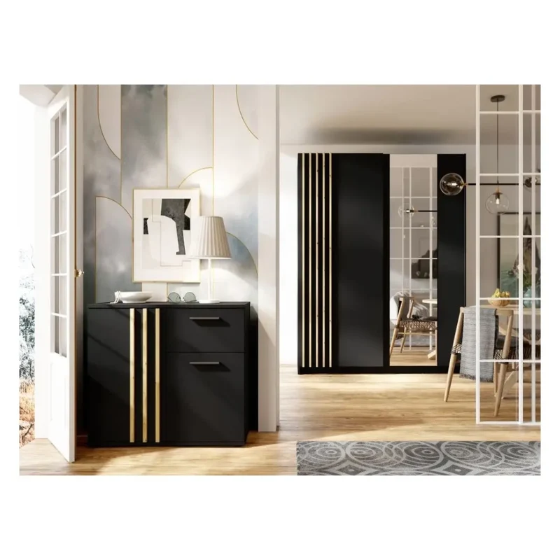 Cassettiera VARIA - 2 ante e 1 cassetto - Design moderno colore nero e rovere artigiano