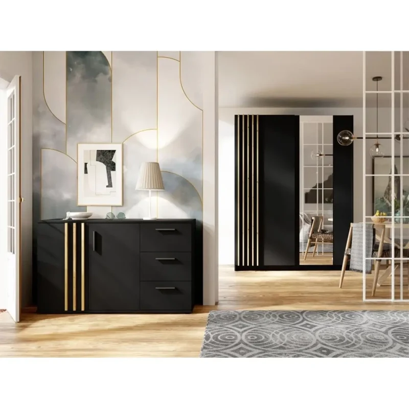 Cassettiera VARIA - 2 porte e 3 cassetti - Design moderno colore nero e rovere artigianale