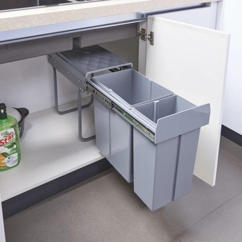 Pattumiera Estraibile Froland con 2 Bidoni Sotto Lavello 1x 20 L + 1x 10 L Grigio [en.casa]