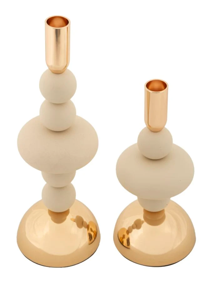 Porta Candele Galaxy Crema Set 2 Pz Ø10x30 cm - Ø10x22 cm in Ferro Crema e Oro