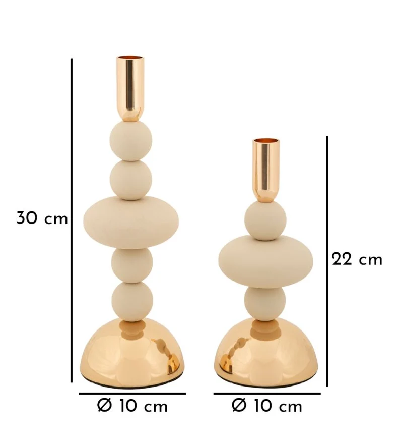 Porta Candele Galaxy Crema Set 2 Pz Ø10x30 cm - Ø10x22 cm in Ferro Crema e Oro