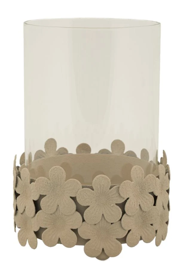 Porta Candele Dune con Vetro Ø12x16 cm in Ferro e Vetro Crema