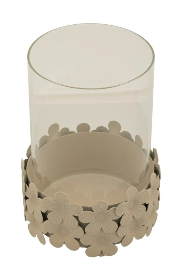 Porta Candele Dune con Vetro Ø12x16 cm in Ferro e Vetro Crema
