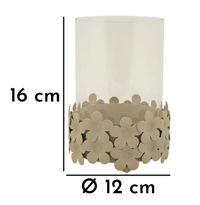 Porta Candele Dune con Vetro Ø12x16 cm in Ferro e Vetro Crema