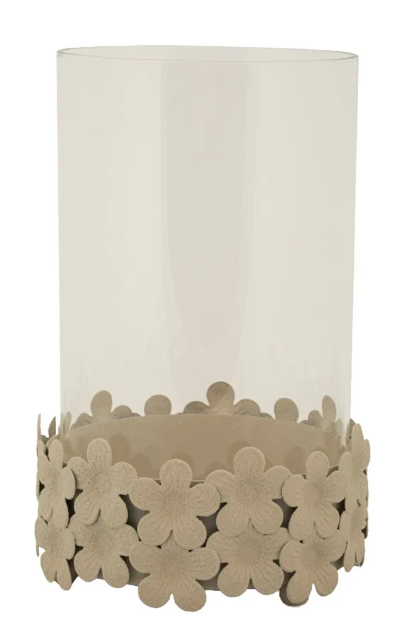 Porta Candele Dune con Vetro Ø14x21 cm in Ferro e Vetro Crema
