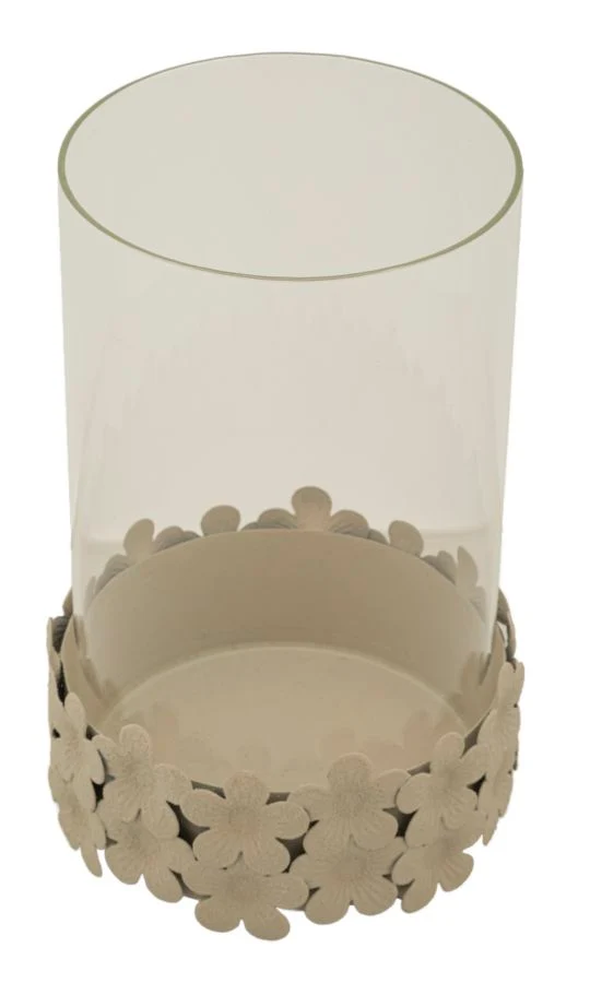 Porta Candele Dune con Vetro Ø14x21 cm in Ferro e Vetro Crema