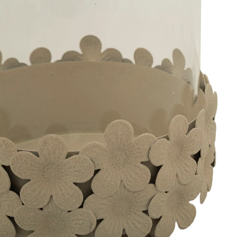 Porta Candele Dune con Vetro Ø14x21 cm in Ferro e Vetro Crema