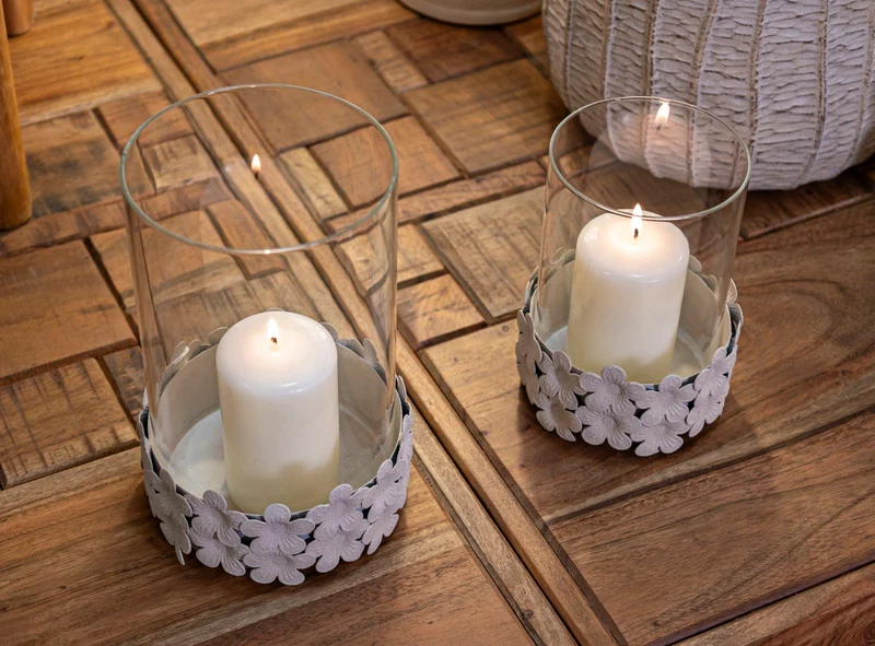 Porta Candele Dune con Vetro Ø14x21 cm in Ferro e Vetro Crema