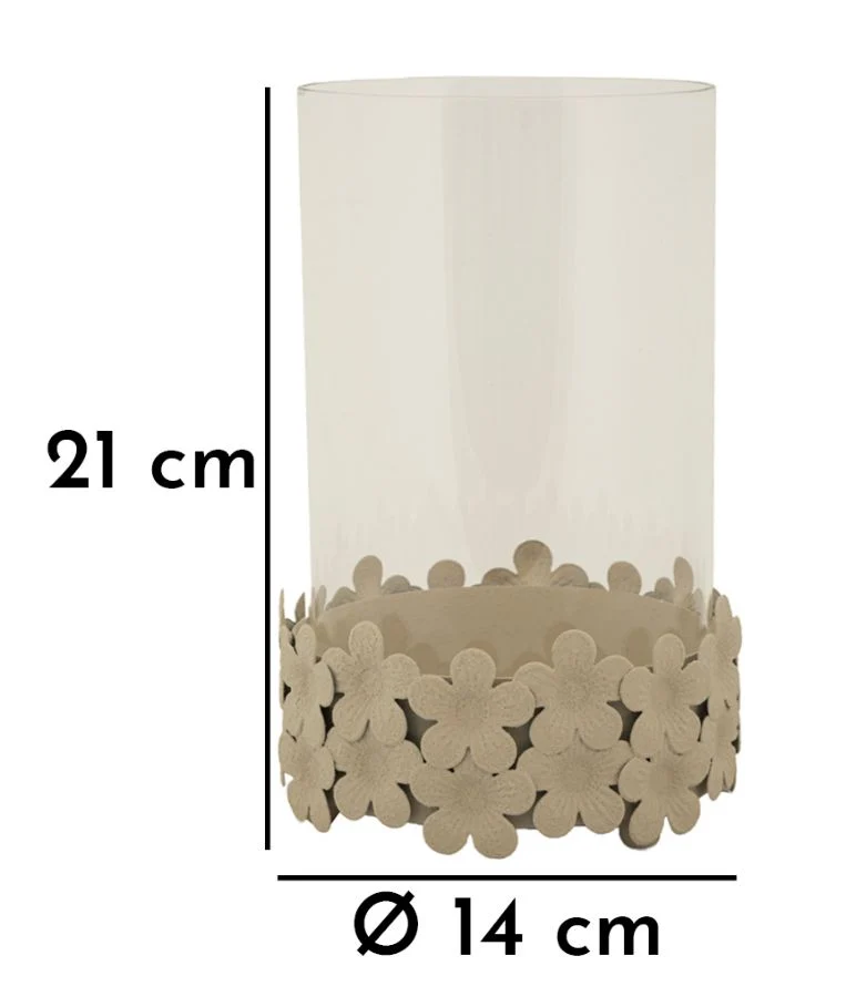 Porta Candele Dune con Vetro Ø14x21 cm in Ferro e Vetro Crema