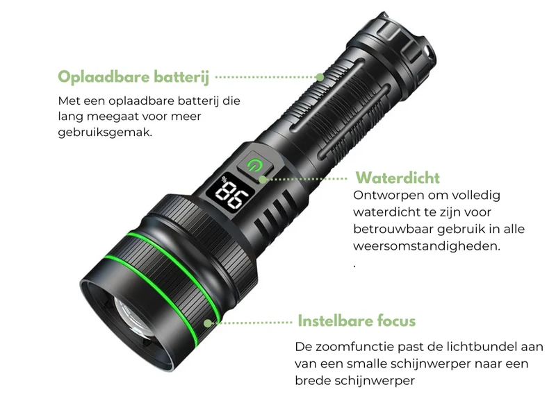 LumoForce – LED Zaklamp Zoombaar 3000m Aluminium – Extreem Helder Outdoor