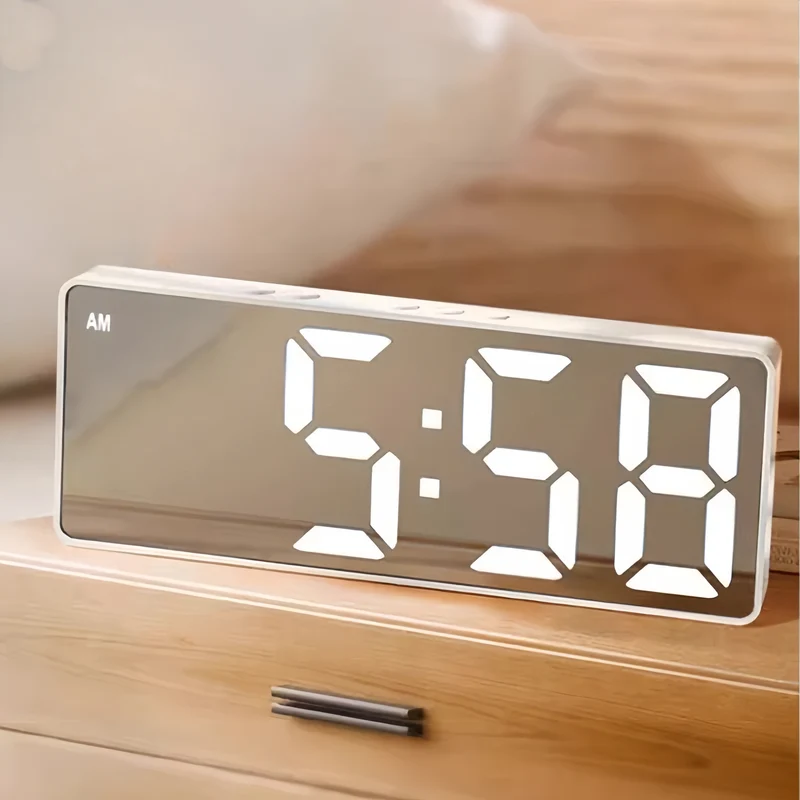 Stylish LED mirror clock with large display and snooze function
