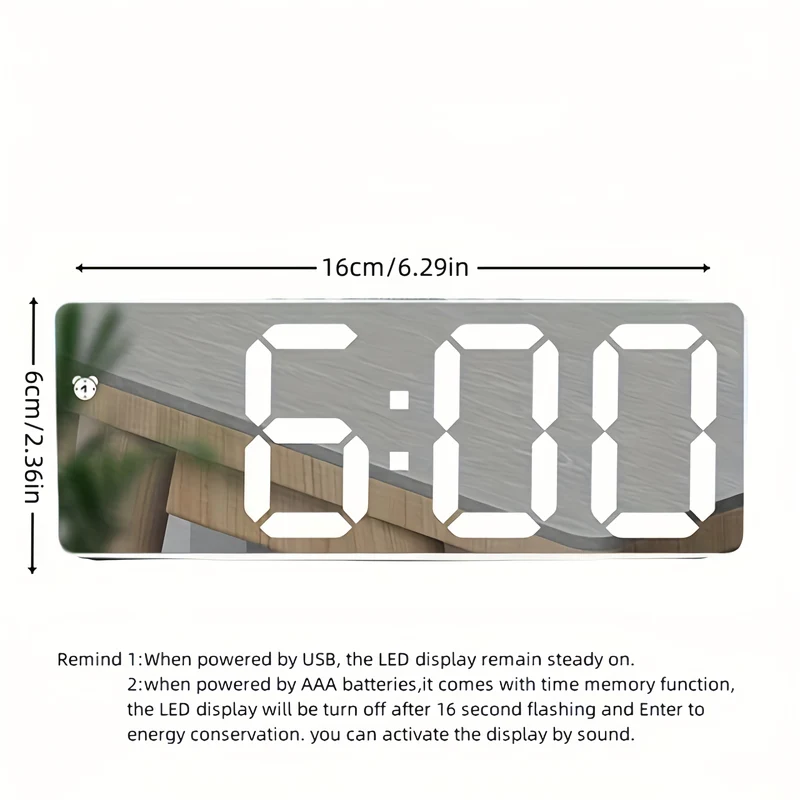 Stylish LED mirror clock with large display and snooze function