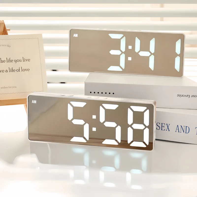 Stylish LED mirror clock with large display and snooze function