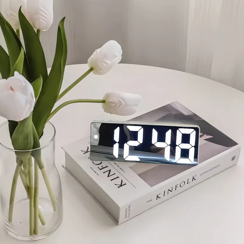 Stylish LED mirror clock with large display and snooze function