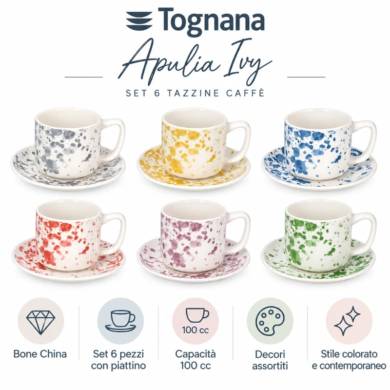 Tognana Apulia Ivy Set 6 Tazze Caffè Bone China 100 cc con Piattino