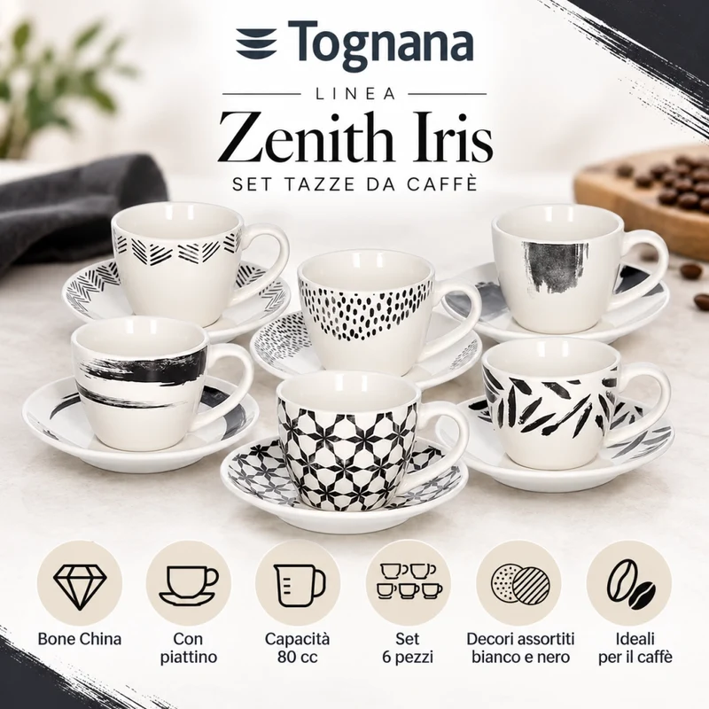 Set 6 Tazze Caffè Tognana Zenith Iris 80 cc Bone China con Piattino