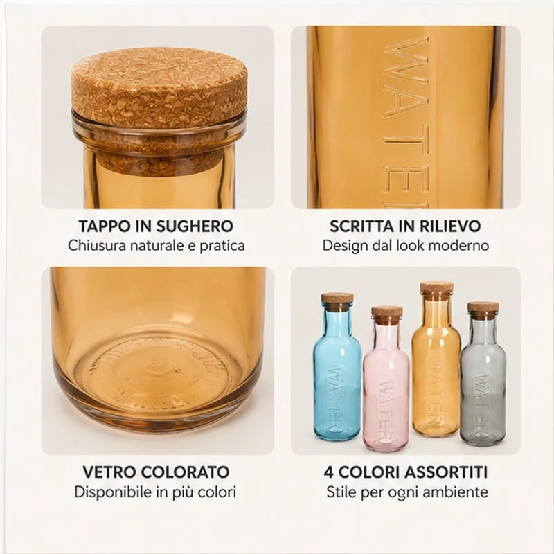 Bottiglia Tognana 1000 ml per Acqua Liscia e Gasata con Sughero 4 Colori