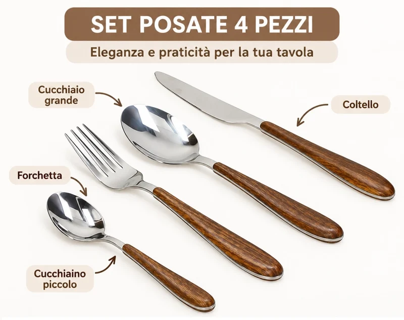 Servizio di Posate da Tavola Manico in Legno Antony Wood 24 Pezzi