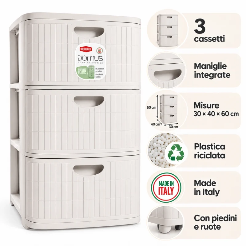 Cassettiera Slim Domus 3 Cassetti Bianca 30 x 40 x 60 h cm