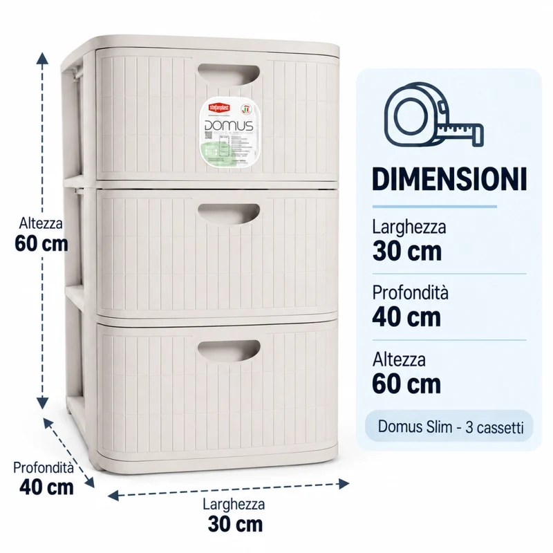 Cassettiera Slim Domus 3 Cassetti Bianca 30 x 40 x 60 h cm