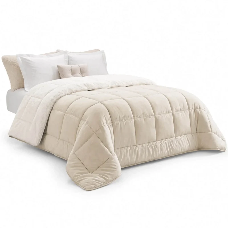 IDMarket - Coperta termoregolante in sherpa 220 x 240 cm 400gr/m² bifacciale estate/inverno ecrù e beige