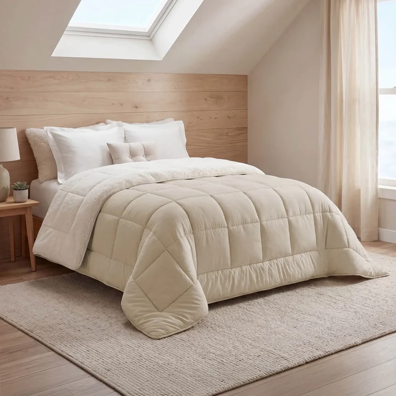 IDMarket - Coperta termoregolante in sherpa 220 x 240 cm 400gr/m² bifacciale estate/inverno ecrù e beige