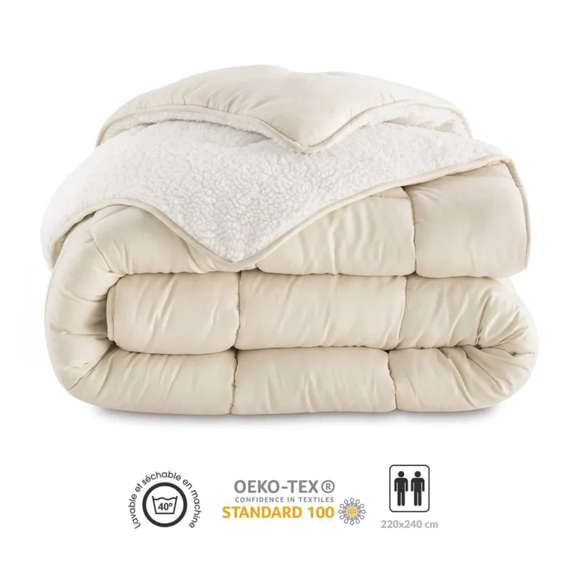 IDMarket - Coperta termoregolante in sherpa 220 x 240 cm 400gr/m² bifacciale estate/inverno ecrù e beige