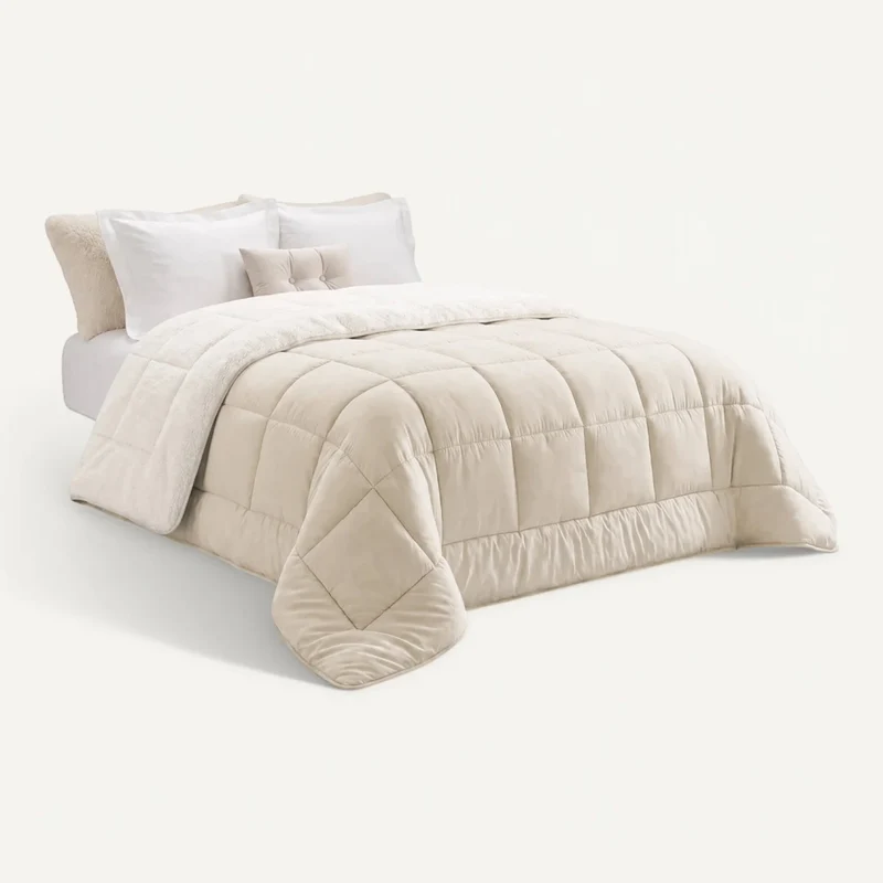 IDMarket - Coperta termoregolante in sherpa 220 x 240 cm 400gr/m² bifacciale estate/inverno ecrù e beige