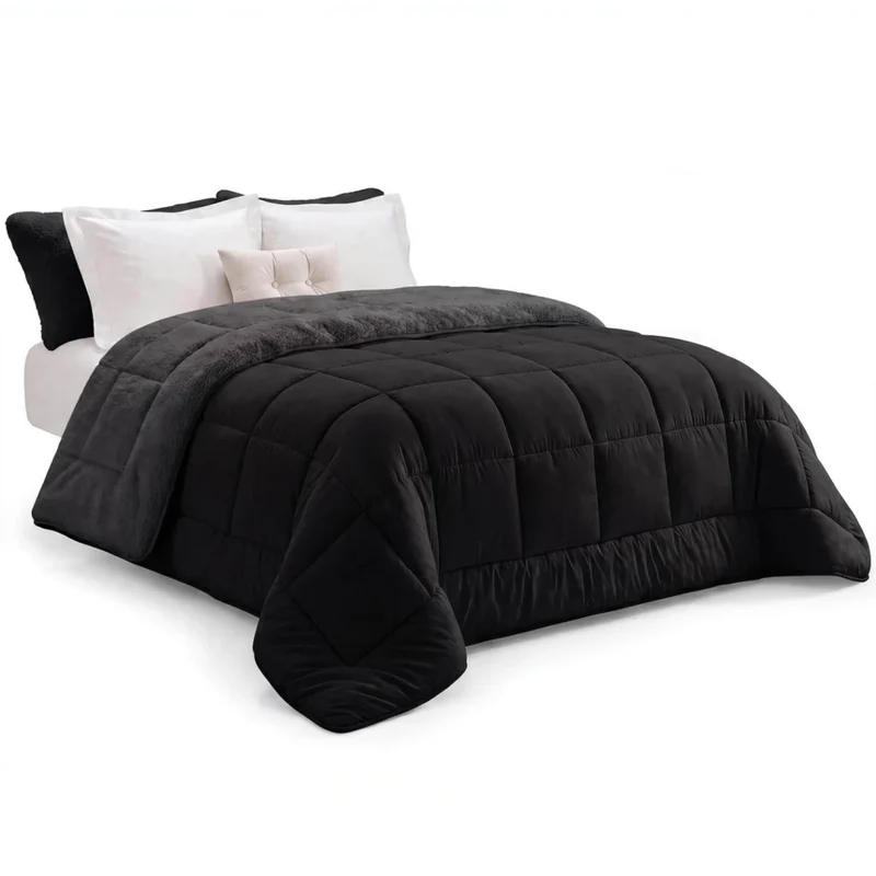 IDMarket - Coperta sherpa termoregolante 220 x 240 cm 400gr/m² bifacciale estate/inverno nero e grigio antracite