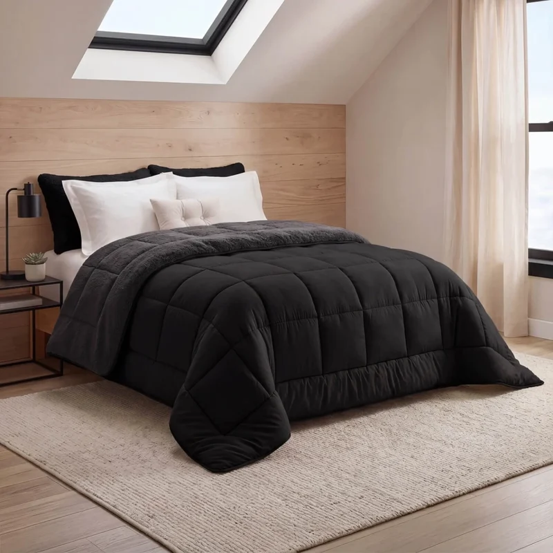 IDMarket - Coperta sherpa termoregolante 220 x 240 cm 400gr/m² bifacciale estate/inverno nero e grigio antracite