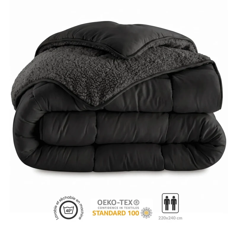 IDMarket - Coperta sherpa termoregolante 220 x 240 cm 400gr/m² bifacciale estate/inverno nero e grigio antracite