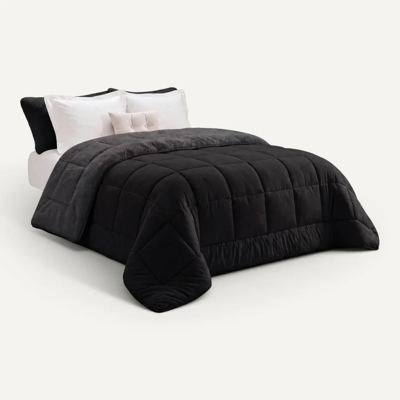 IDMarket - Coperta sherpa termoregolante 220 x 240 cm 400gr/m² bifacciale estate/inverno nero e grigio antracite