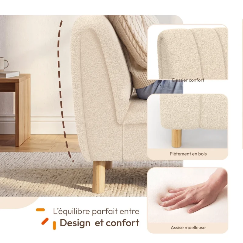 IDMarket - Poltrona HECTOR in tessuto bouclé beige con gambe arrotondate effetto legno