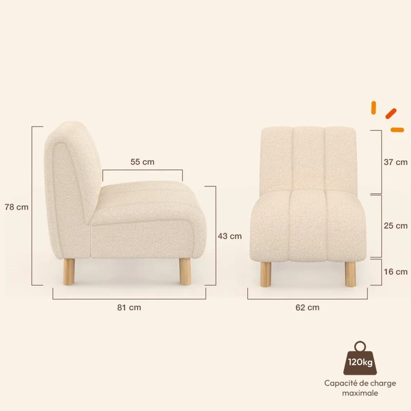 IDMarket - Poltrona HECTOR in tessuto bouclé beige con gambe arrotondate effetto legno
