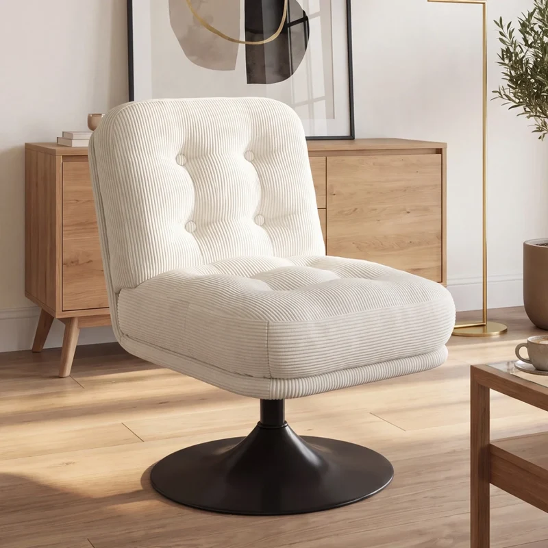 IDMarket - Poltrona girevole ALFRED in velluto a coste beige con base a tulipano in metallo nero