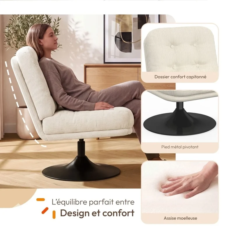IDMarket - Poltrona girevole ALFRED in velluto a coste beige con base a tulipano in metallo nero