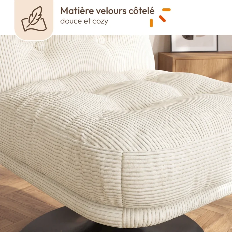 IDMarket - Poltrona girevole ALFRED in velluto a coste beige con base a tulipano in metallo nero