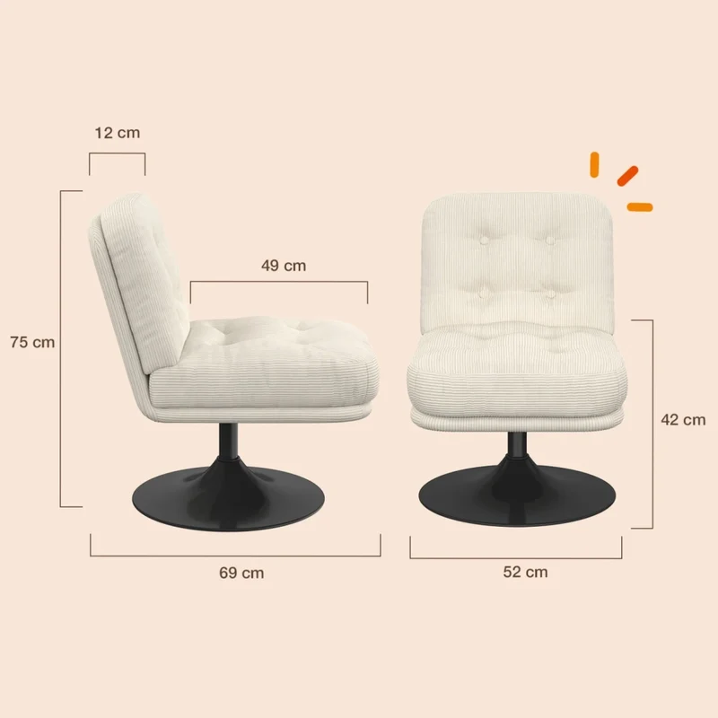 IDMarket - Poltrona girevole ALFRED in velluto a coste beige con base a tulipano in metallo nero