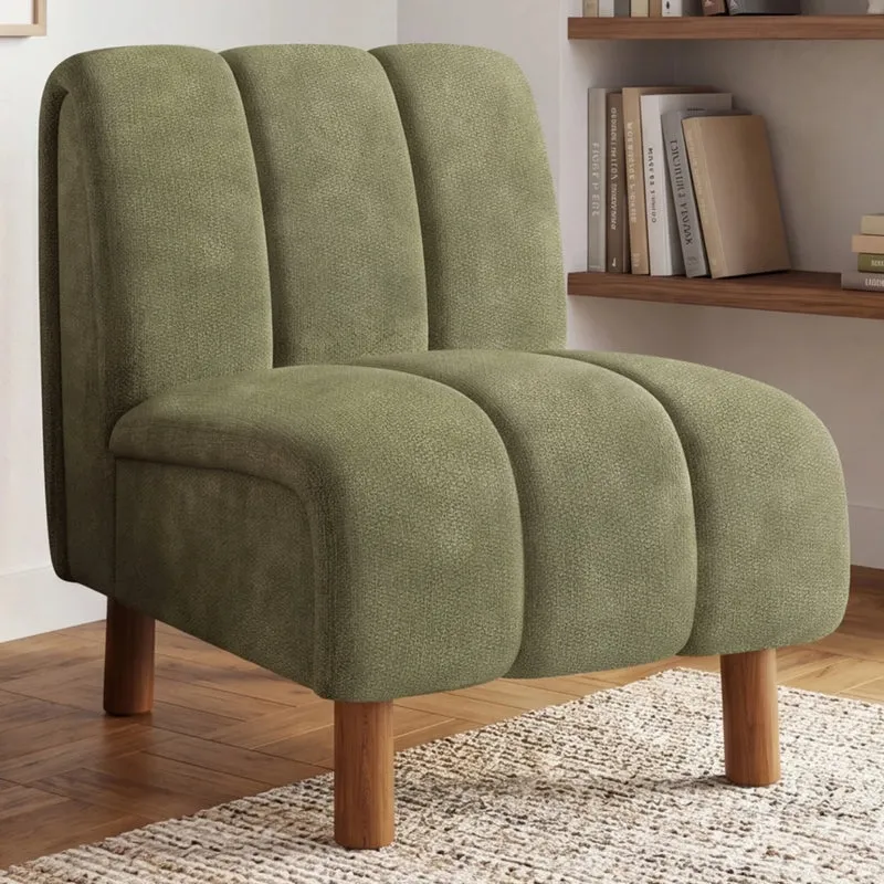 IDMarket - Poltrona HECTOR in tessuto chenille verde con gambe arrotondate effetto noce