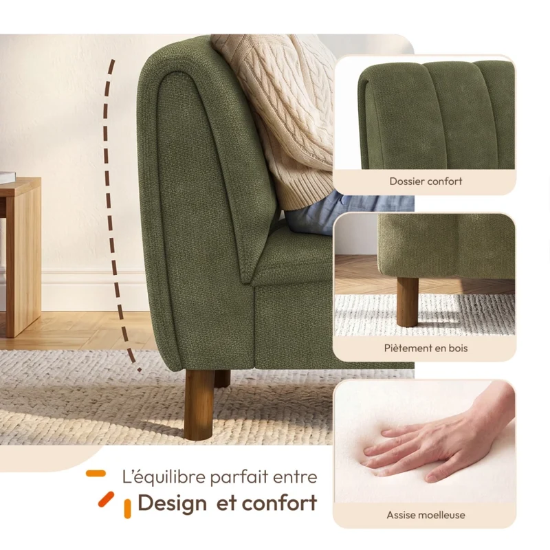 IDMarket - Poltrona HECTOR in tessuto chenille verde con gambe arrotondate effetto noce