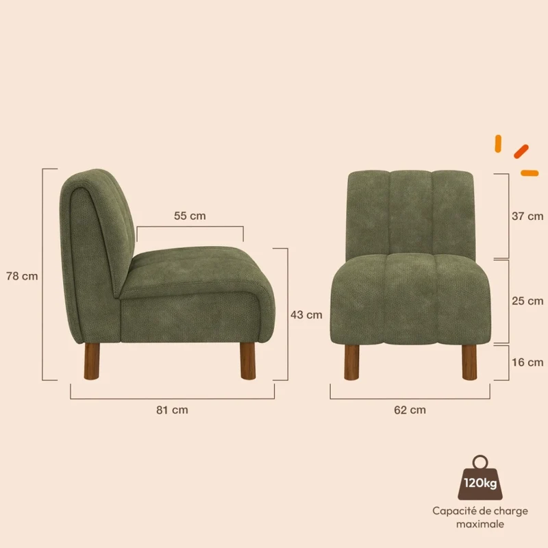 IDMarket - Poltrona HECTOR in tessuto chenille verde con gambe arrotondate effetto noce