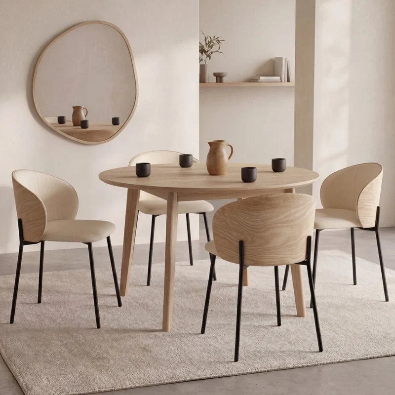 IDMarket - Set di 4 sedie da pranzo PENNY in tessuto beige con schienale in legno chiaro