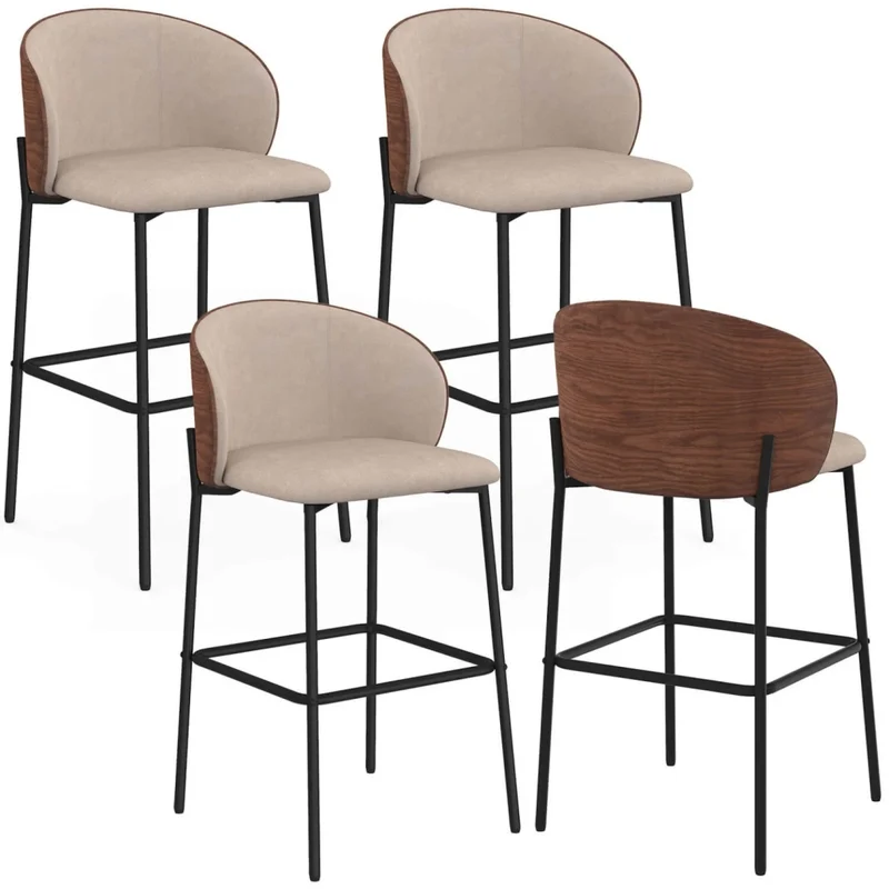 IDMarket - Set di 4 sgabelli da bar PENNY in tessuto color taupe, con schienale effetto noce e gambe in metallo nero