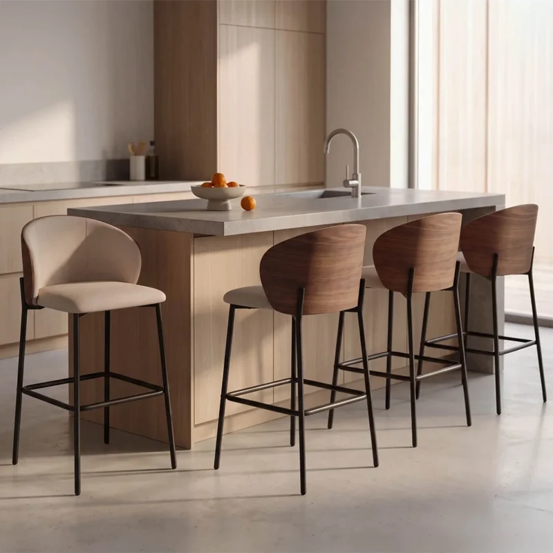 IDMarket - Set di 4 sgabelli da bar PENNY in tessuto color taupe, con schienale effetto noce e gambe in metallo nero