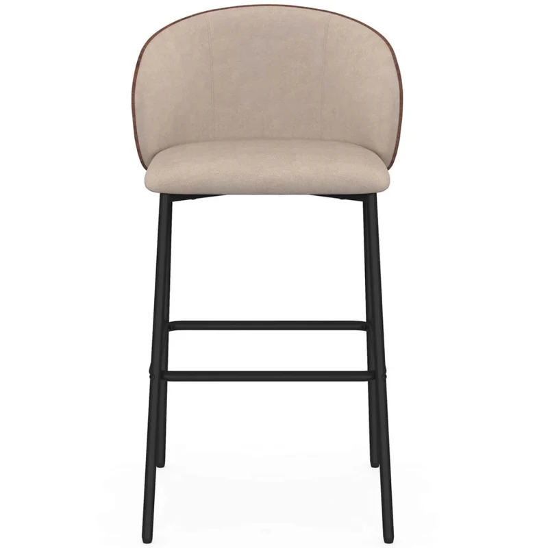 IDMarket - Set di 4 sgabelli da bar PENNY in tessuto color taupe, con schienale effetto noce e gambe in metallo nero