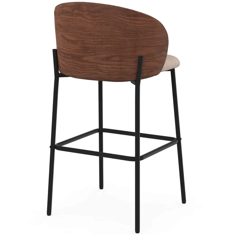IDMarket - Set di 4 sgabelli da bar PENNY in tessuto color taupe, con schienale effetto noce e gambe in metallo nero